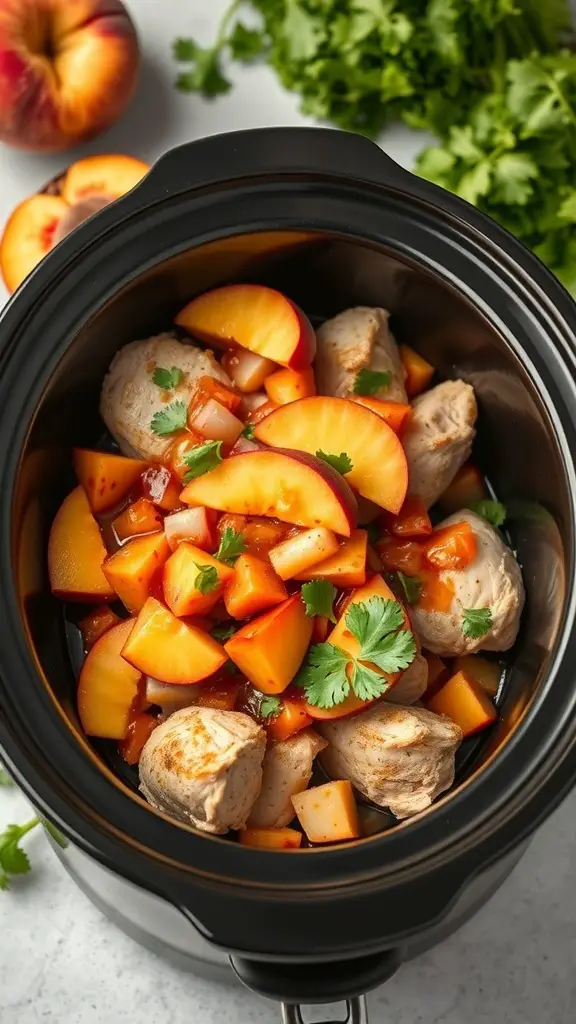 Crockpot filled with chicken, peach slices, and cilantro