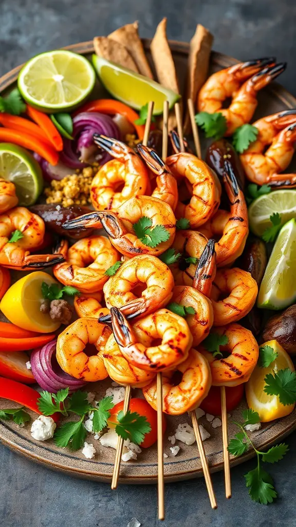 A colorful plate of chili lime shrimp skewers with fresh vegetables and lime wedges.