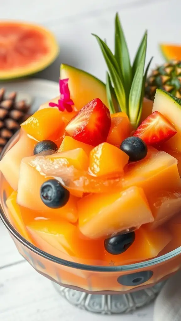 A colorful bowl of tropical fruit punch with mango, strawberries, and blueberries.