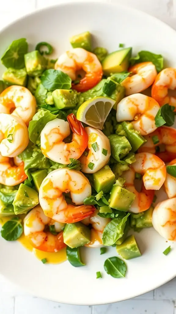 A colorful shrimp and avocado salad with greens and lime.