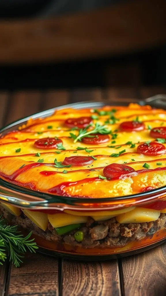 A delicious beef and potato casserole topped with cheese and garnished with herbs.
