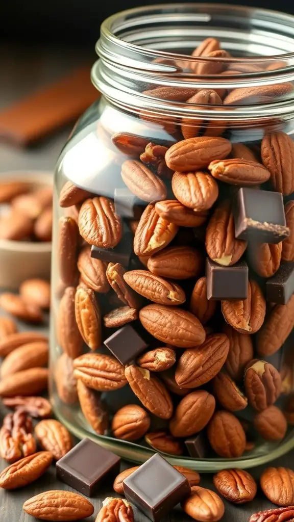 A jar filled with pecans, almonds, and chocolate pieces, showcasing a tasty snack mix.