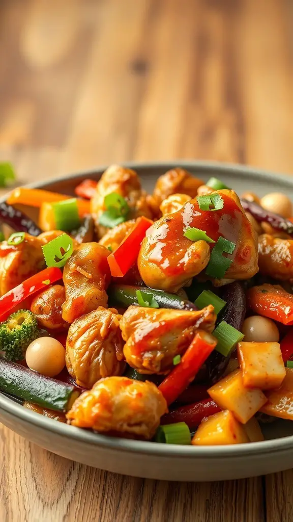 A colorful stir-fry dish featuring rotisserie chicken and various vegetables.