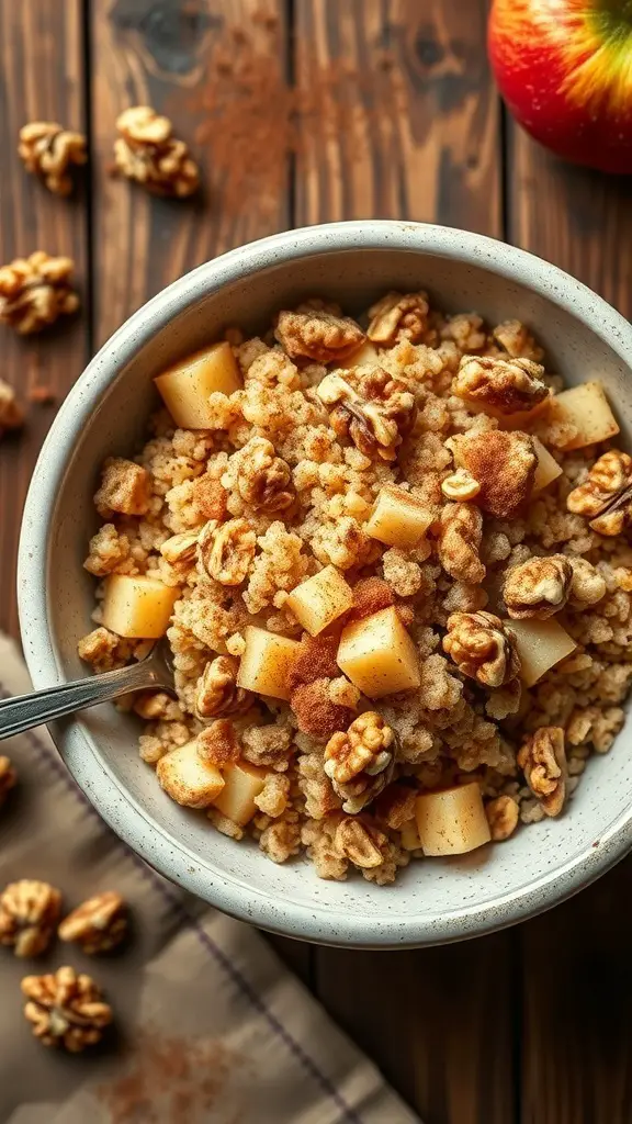 A bowl of apple cinnamon quinoa topped with walnuts on a wooden table.