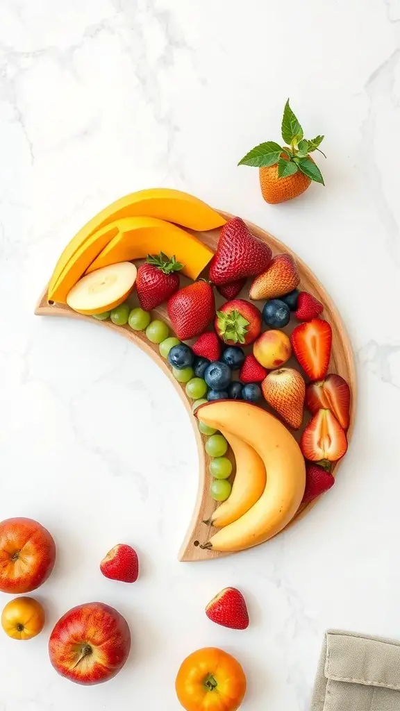 A colorful fruit charcuterie board featuring bananas, strawberries, blueberries, green grapes, and apples arranged in a crescent shape.
