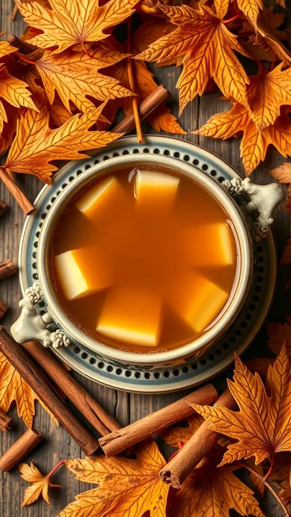 A bowl of maple cinnamon punch surrounded by autumn leaves and cinnamon sticks.
