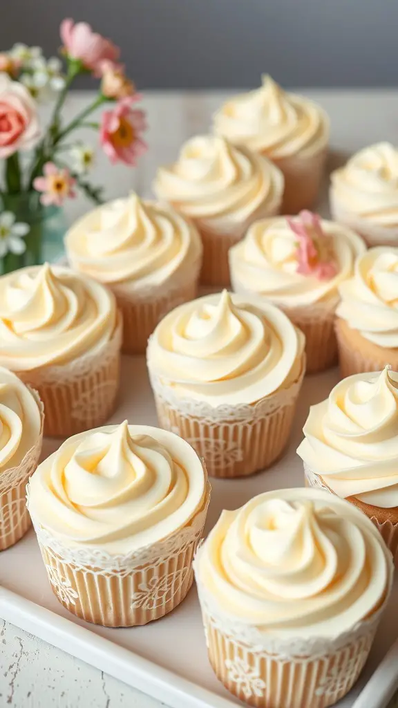 A display of classic vanilla buttercream cupcakes with floral decorations