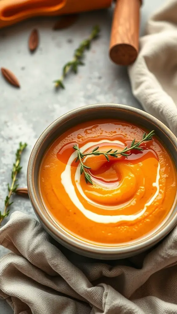 A bowl of creamy maple sweet potato soup garnished with thyme and a swirl of cream.