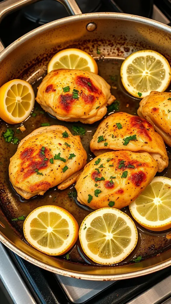 A skillet with golden-brown chicken thighs and lemon slices, garnished with herbs.