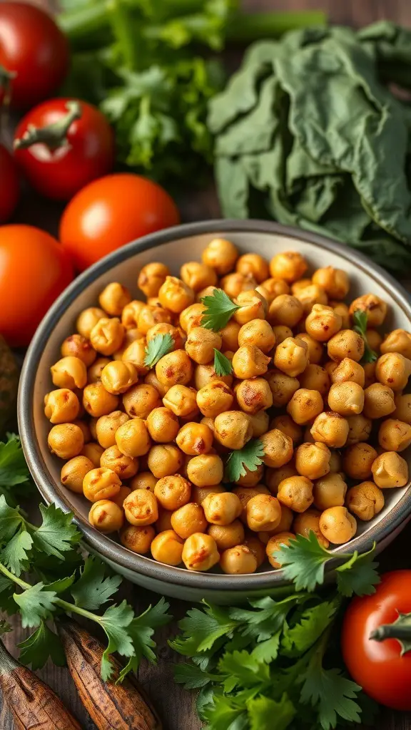 A bowl of crunchy roasted chickpeas surrounded by fresh vegetables.