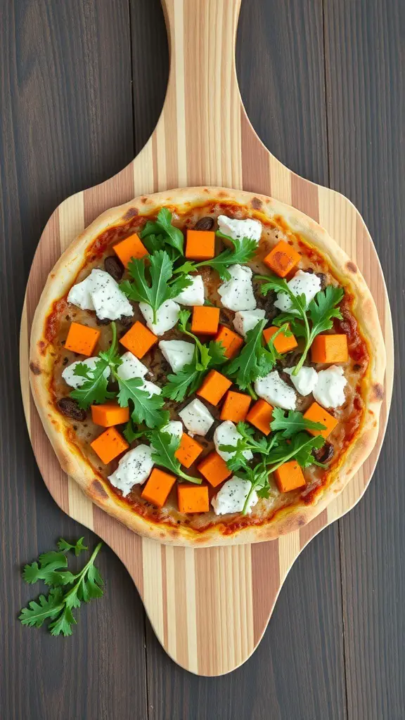 Sweet potato pizza topped with goat cheese and arugula on a wooden pizza peel.