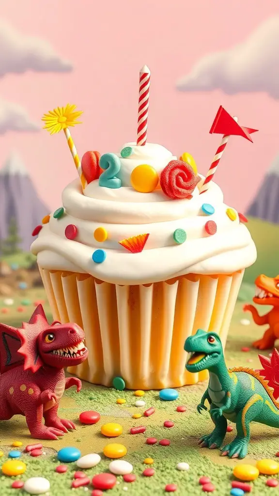 A large cupcake with colorful frosting and decorations, surrounded by toy dinosaurs and candy.