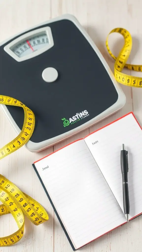 A scale, measuring tape, and a notebook with a pen on a wooden surface.