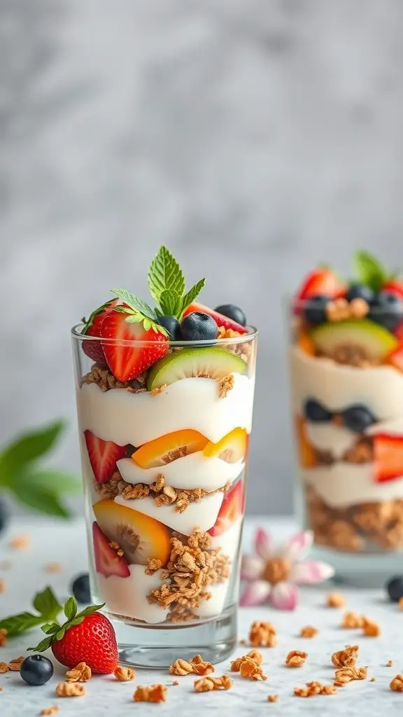 A close-up of layered yogurt parfaits with seasonal fruits and granola in clear glasses.