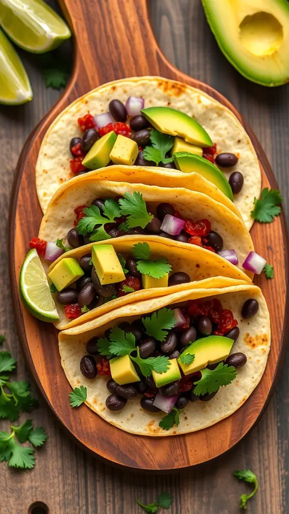 Chili lime black bean tacos with avocado and cilantro on a wooden platter