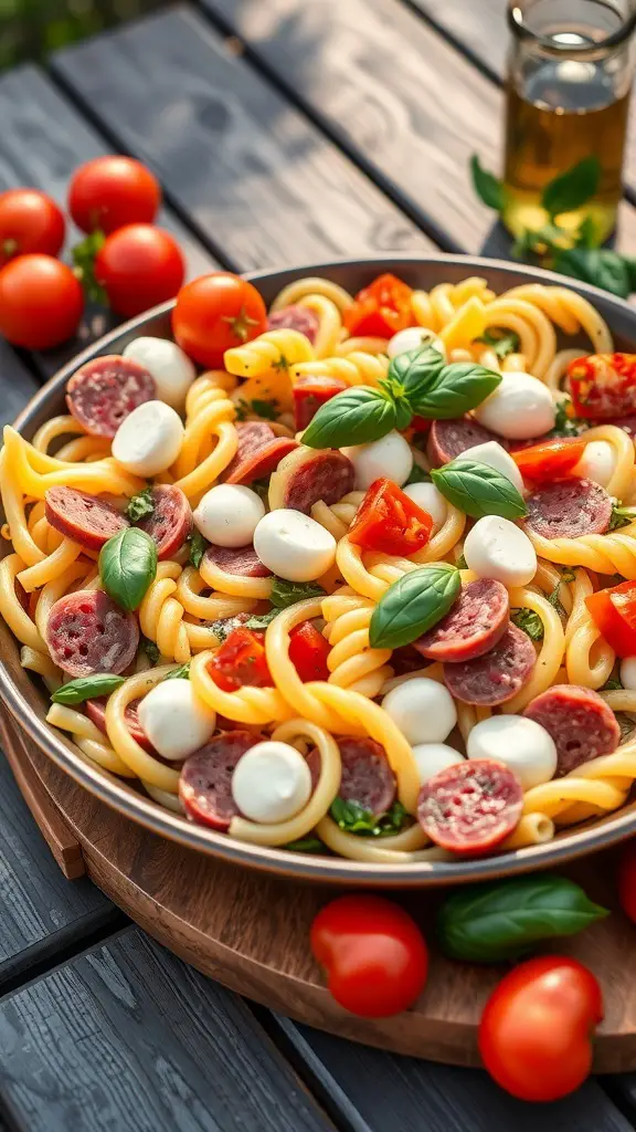 A colorful bowl of classic Italian pasta salad with salami, mozzarella, and cherry tomatoes.