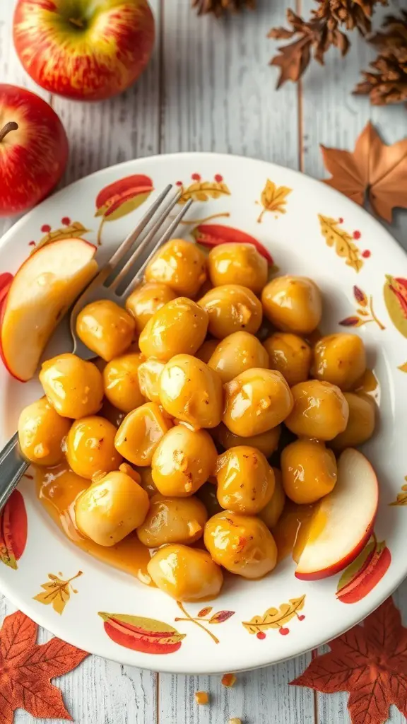 A plate of apple cider glazed gnocchi with fresh apple slices and autumn leaves.