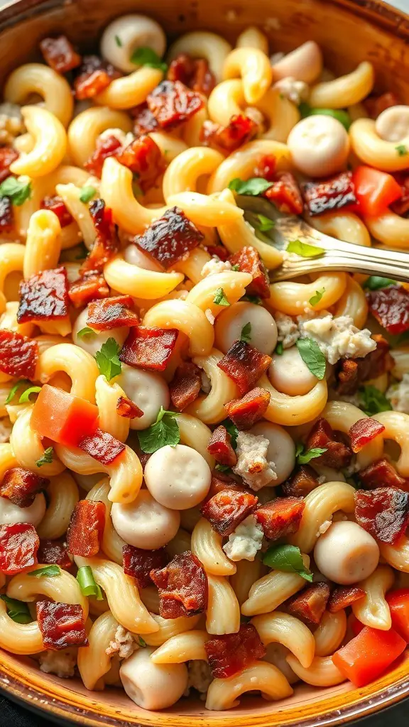 A close-up of a bowl of Bacon Ranch Pasta Salad with vegetables, featuring curly pasta, crispy bacon, and colorful veggies.