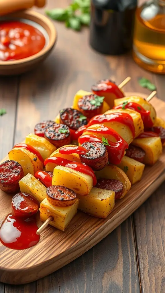 Delicious potato and chorizo skewers drizzled with ketchup on a wooden platter.