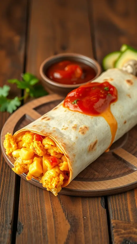 A breakfast burrito filled with scrambled eggs and cheese, topped with salsa, served on a wooden plate.
