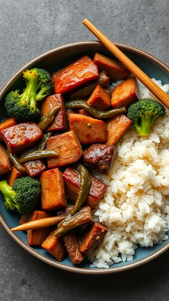 A bowl of beef and broccoli with rice and chopsticks