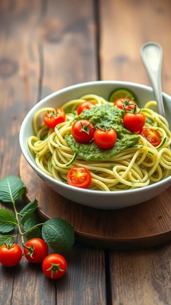 A bowl of zucchini noodles topped with avocado pesto and cherry tomatoes.