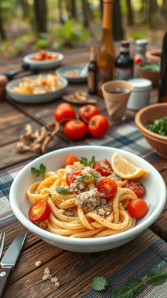A bowl of creamy pasta primavera with cherry tomatoes and herbs on a wooden table outdoors.