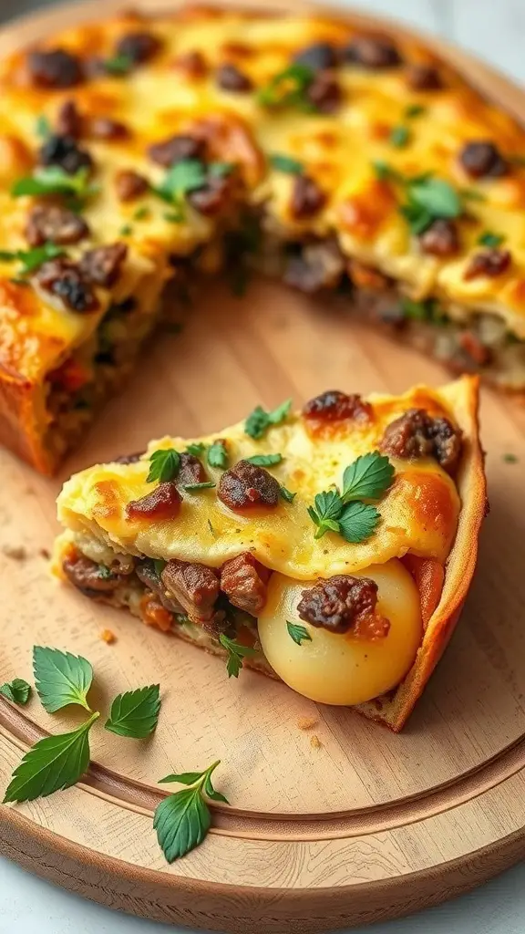 A slice of baked beef and potato frittata on a wooden board, garnished with fresh herbs.
