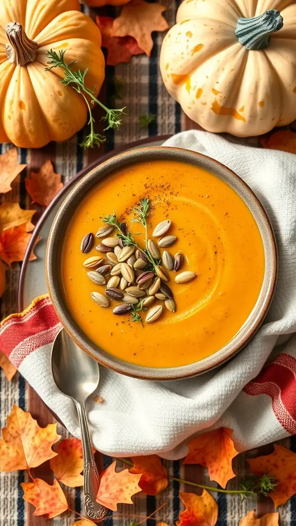 A bowl of creamy butternut squash soup garnished with pumpkin seeds and herbs, surrounded by autumn leaves and pumpkins.