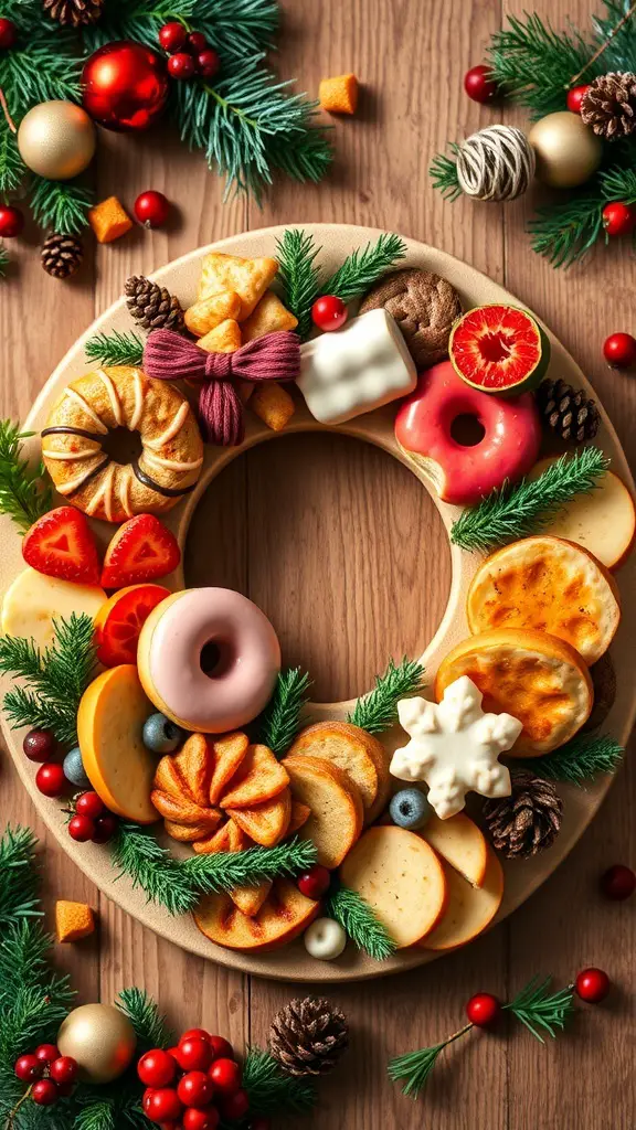 A festive donut wreath decorated with donuts, cookies, and seasonal elements.