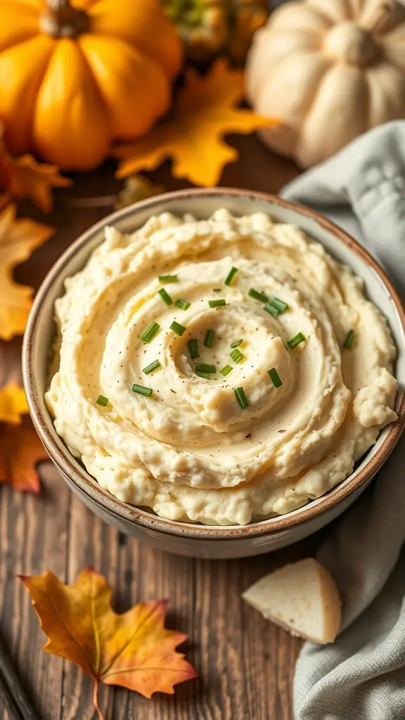 A bowl of creamy roasted cauliflower mash topped with chives, surrounded by autumn leaves and pumpkins.