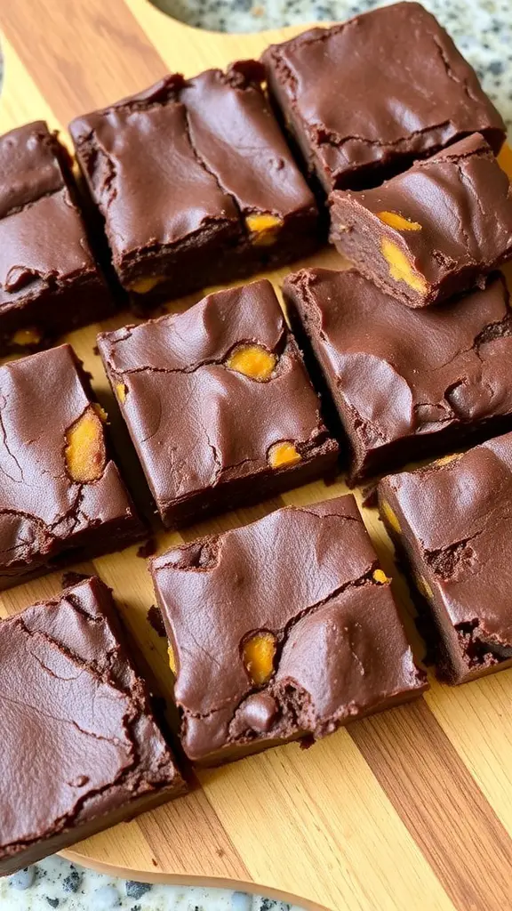 Sweet Potato Chocolate Brownies on a wooden board with chocolate chips on top.