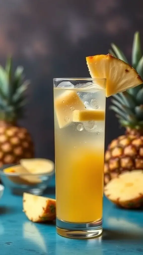 A refreshing Pineapple Ginger Fizz drink garnished with a slice of pineapple, surrounded by whole pineapples.