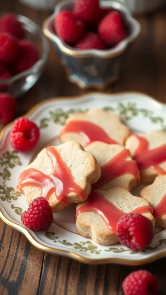 Raspberry Almond Shortbread Cookies with raspberry glaze and fresh raspberries