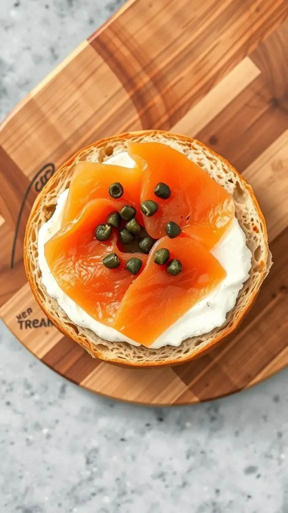 A bagel topped with cream cheese, smoked salmon, and capers on a wooden board.