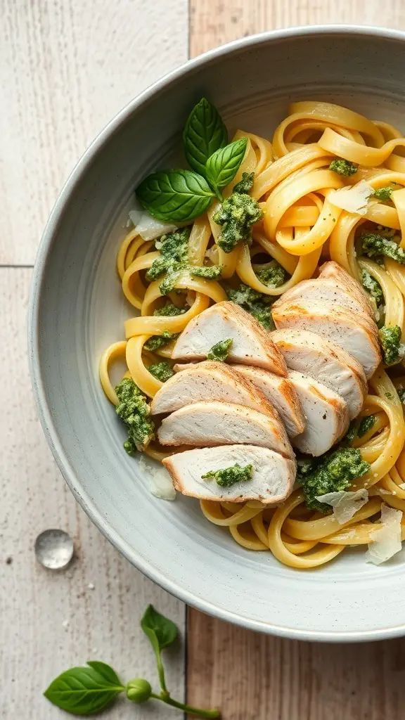 A bowl of pesto chicken pasta with sliced chicken breast and fresh basil leaves