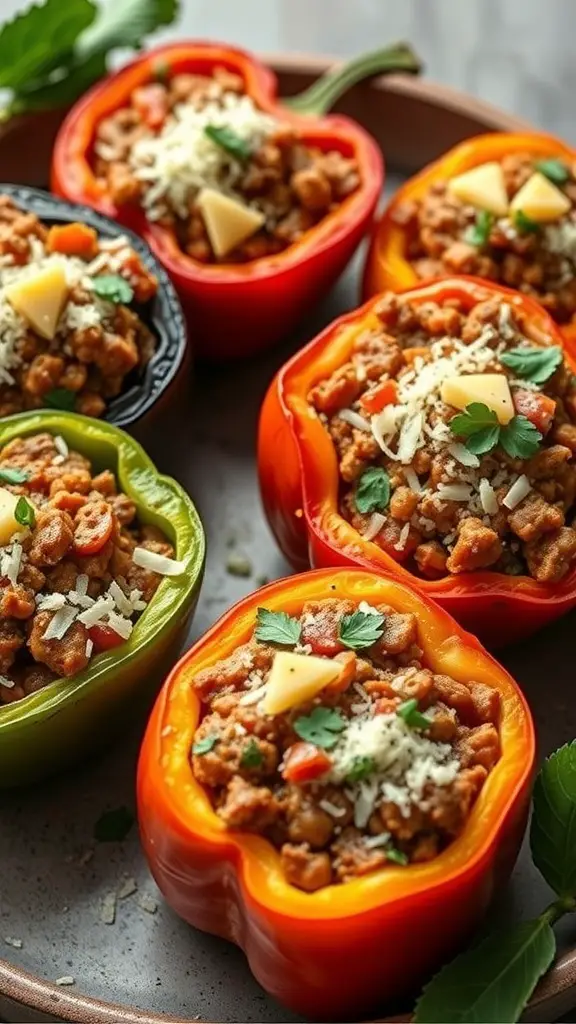 Colorful stuffed peppers filled with a savory mixture, topped with cheese and herbs.