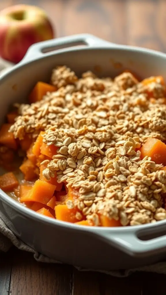 A delicious Sweet Potato and Apple Casserole topped with oats