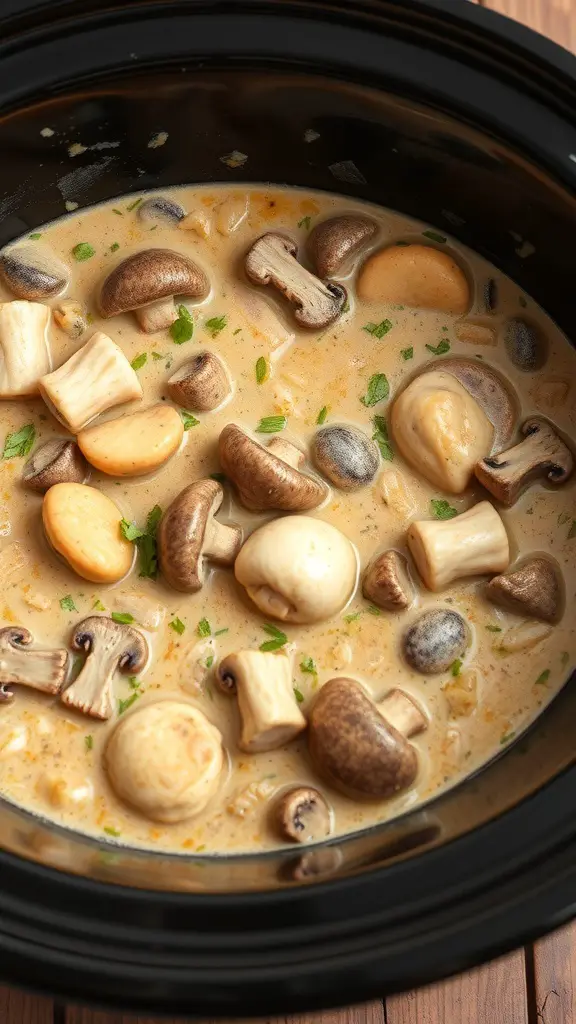 A close-up view of creamy mushroom and chicken stew in a crockpot, featuring various types of mushrooms and a rich, creamy sauce.