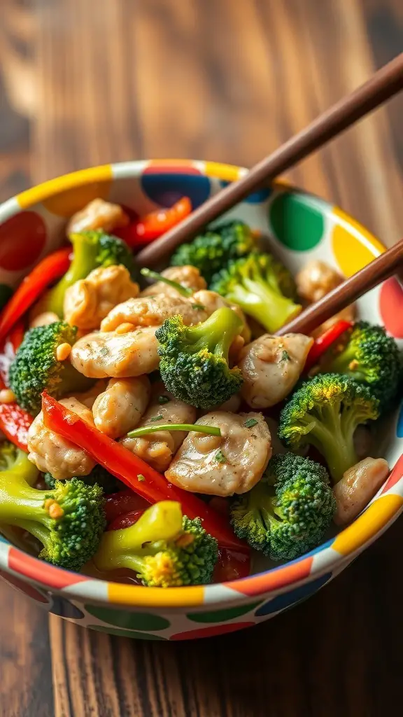 A colorful bowl of chicken stir-fry with broccoli and bell peppers, served with chopsticks.