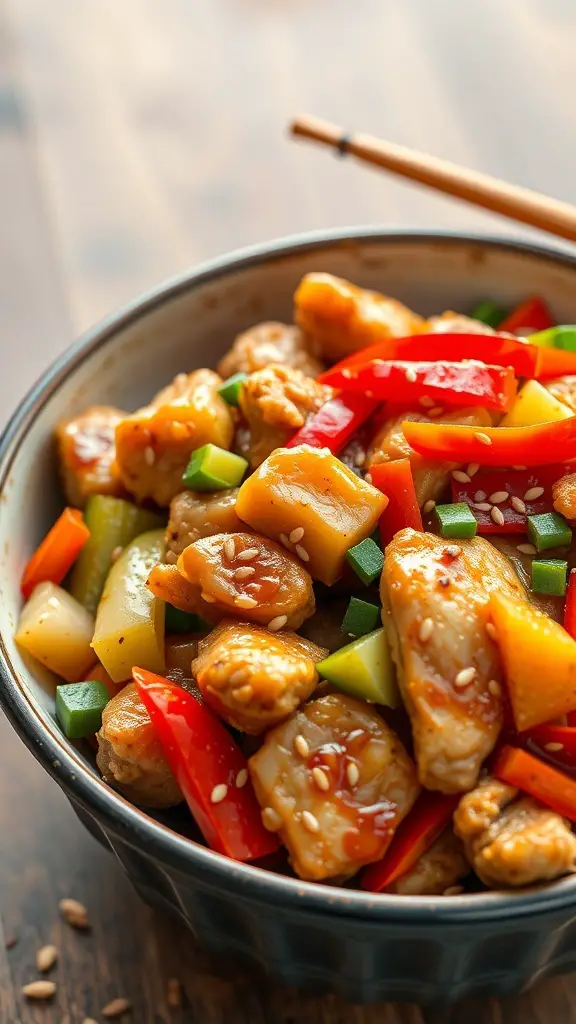 A bowl of teriyaki chicken stir-fry with colorful vegetables