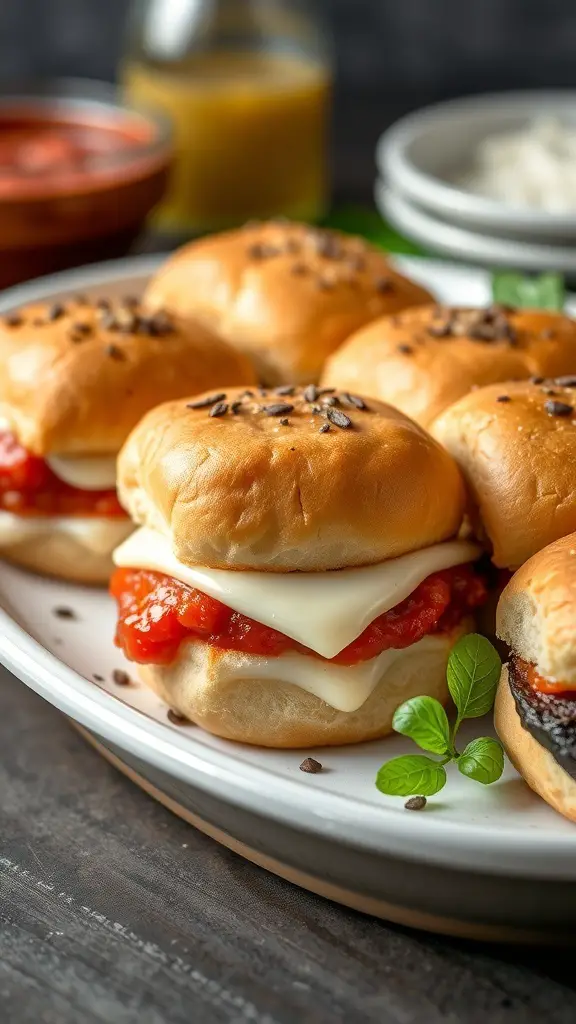 A platter of eggplant parmesan sliders with marinara sauce and melted cheese