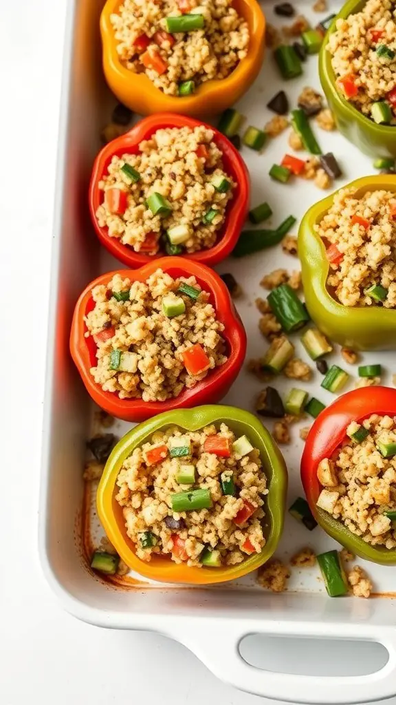 Colorful stuffed bell peppers filled with quinoa and vegetables.