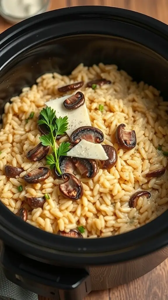 A bowl of creamy mushroom risotto topped with sautéed mushrooms and parsley in a crockpot.