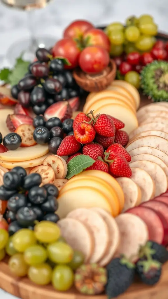 A beautifully arranged wedding charcuterie board featuring a variety of fruits and cheeses.