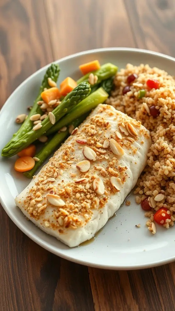 A plate of almond-crusted tilapia with vegetables and couscous.