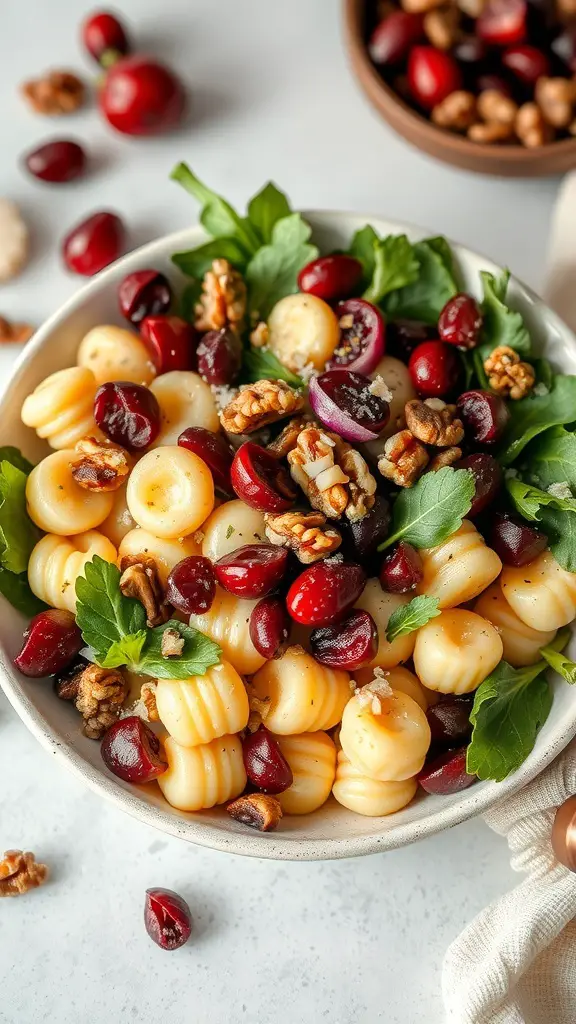 A bowl of cranberry and walnut gnocchi salad with fresh greens and cranberries.