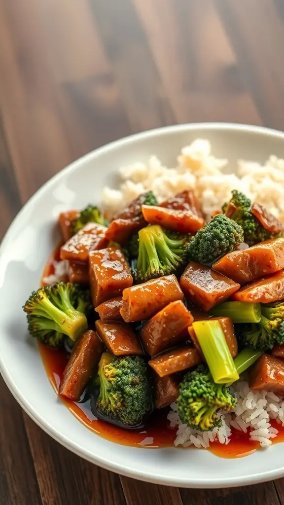 A plate of beef and broccoli served over rice, showcasing vibrant colors and a savory sauce.