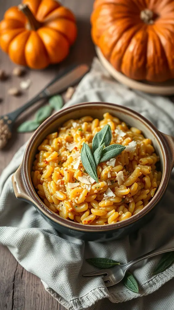 A bowl of creamy pumpkin risotto topped with sage leaves, surrounded by pumpkins.