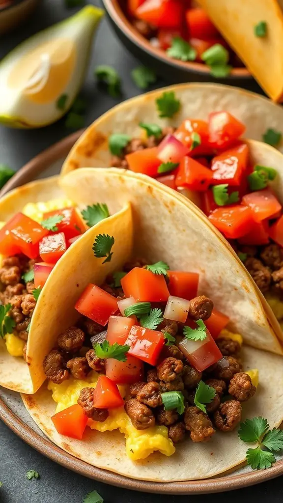 A plate of tacos de desayuno with chorizo, topped with diced tomatoes and cilantro.